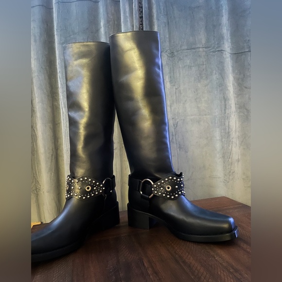 Red Valentino Vero Cuoio Black Leather Under-Knee Biker Boots - Picture 7 of 10